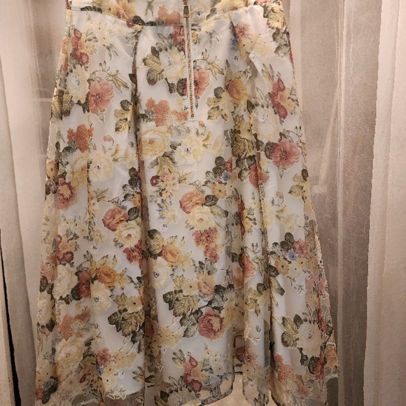 Gracia Blue Pink Floral Midi Skirt A-Line High-Low Cocktail - Picture 3 of 7